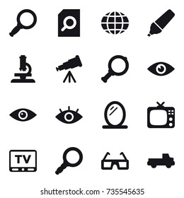 16 vector icon set : magnifier, search document, globe, marker, microscope, telescope, mirror, tv, pickup