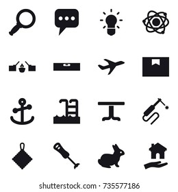 16 vector icon set : magnifier, message, bulb, atom, drawbridge, level, pool, table, rag, rabbit, housing