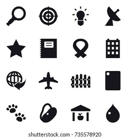16 vector icon set : magnifier, target, bulb, satellite antenna, star, copybook, building, airplane, fence, cutting board, pets, warehouse, drop