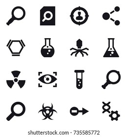 16 vector icon set : magnifier, search document, target audience, molecule, hex molecule, round flask, virus, flask, nuclear, eye identity, vial