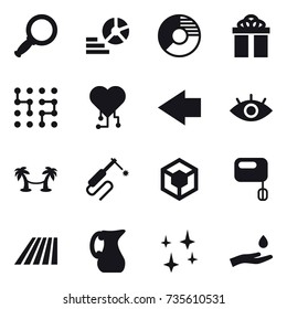 16 vector icon set : magnifier, diagram, circle diagram, gift, chip, cardio chip, left arrow, palm hammock, field, jug, shining, hand and drop
