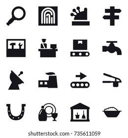 16 vector icon set : magnifier, fingerprint, cashbox, singlepost, tools, water tap, satellite antenna, garlic clasp, horseshoe, dish cleanser, utility room, foam basin