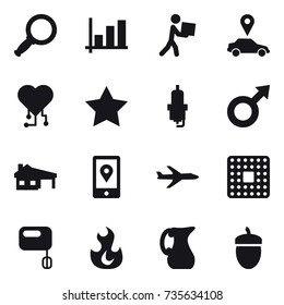 16 vector icon set : magnifier, graph, courier, car pointer, cardio chip, star, spark plug, house with garage, plane, jug, acorn