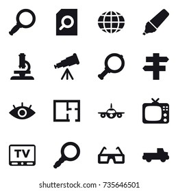16 vector icon set : magnifier, search document, globe, marker, microscope, telescope, singlepost, plan, tv, pickup