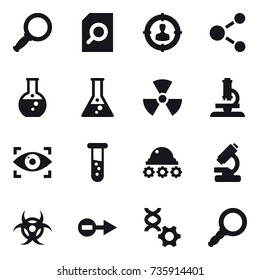 16 vector icon set : magnifier, search document, target audience, molecule, round flask, flask, nuclear, microscope, eye identity, vial, lunar rover