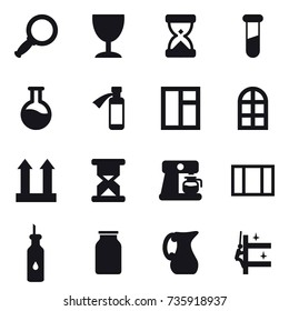 16 vector icon set : magnifier, wineglass, window, arch window, coffee maker, jug, skyscrapers cleaning