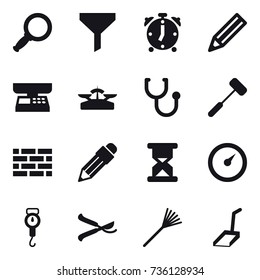 16 vector icon set : magnifier, funnel, alarm clock, pencil, market scales, scales, brick wall, barometer, handle scales, pruner, rake, scoop