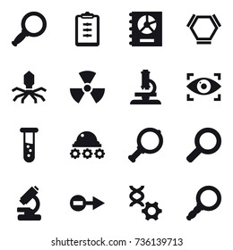 16 vector icon set : magnifier, clipboard, annual report, hex molecule, virus, nuclear, microscope, eye identity, vial, lunar rover