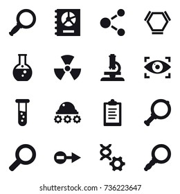 16 vector icon set : magnifier, annual report, molecule, hex molecule, round flask, nuclear, microscope, eye identity, vial, lunar rover, clipboard