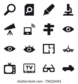16 vector icon set : magnifier, search document, marker, microscope, telescope, notebook wireless, singlepost, plan, tv, pickup