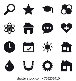 16 vector icon set : magnifier, star, graduate hat, atom core, atom, home, ballon, sun, drop, horseshoe, house