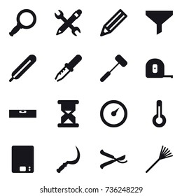 16 vector icon set : magnifier, pencil wrench, pencil, funnel, measuring tape, level, barometer, thermometer, kitchen scales, sickle, pruner, rake