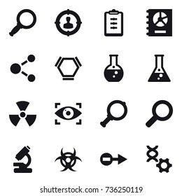 16 vector icon set : magnifier, target audience, clipboard, annual report, molecule, hex molecule, round flask, flask, nuclear, eye identity