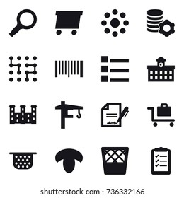 16 vector icon set : magnifier, delivery, round around, virtual mining, chip, barcode, list, university, palace, tower crane, baggage trolley, colander, mushroom, trash bin, clipboard list