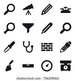 16 vector icon set : magnifier, telescope, pencil, scales, funnel, brick wall, construction, level, barometer, kitchen scales