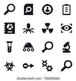 16 vector icon set : magnifier, search document, target audience, clipboard, annual report, virus, nuclear, eye identity, vial, lunar rover