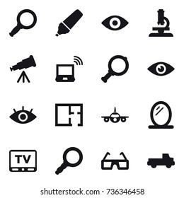 16 vector icon set : magnifier, marker, eye, microscope, telescope, notebook wireless, plan, mirror, tv, pickup