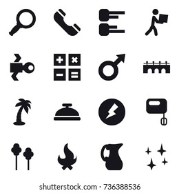 16 vector icon set : magnifier, phone, diagram, courier, satellite, calculator, bridge, palm, service bell, electricity, trees, fire, jug, shining