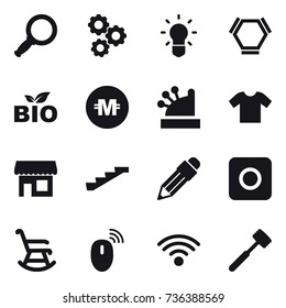 16 vector icon set : magnifier, gear, bulb, hex molecule, bio, crypto currency, cashbox, t-shirt, shop, stairs, pencil, ring button, rocking chair, meat hammer