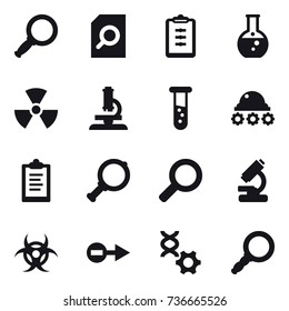 16 vector icon set : magnifier, search document, clipboard, round flask, nuclear, microscope, vial, lunar rover