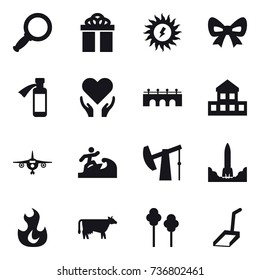 16 vector icon set : magnifier, gift, sun power, bow, bridge, cottage, plane, surfer, cow, trees, scoop