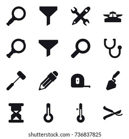 16 vector icon set : magnifier, funnel, pencil wrench, scales, pencil, measuring tape, construction, thermometer, pruner