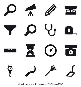 16 vector icon set : magnifier, telescope, pencil, market scales, funnel, measuring tape, level, barometer, kitchen scales, handle scales, sickle, rake, scoop