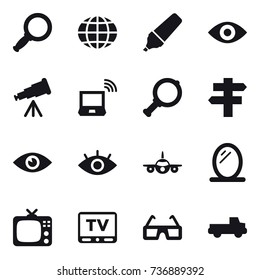 16 vector icon set : magnifier, globe, marker, eye, telescope, notebook wireless, singlepost, mirror, tv, pickup