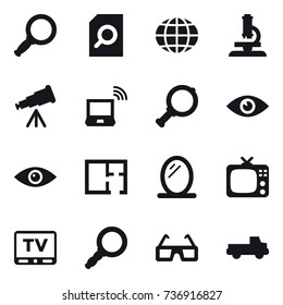 16 vector icon set : magnifier, search document, globe, microscope, telescope, notebook wireless, plan, mirror, tv, pickup