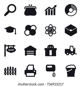 16 vector icon set : magnifier, purse, diagram, circle diagram, graduate hat, atom core, atom, box, shop signboard, garage, fence, foam bucket
