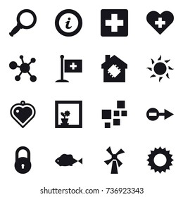 16 vector icon set : magnifier, info, smart house, sun, heart pendant, flower in window, windmill