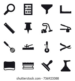 16 vector icon set : magnifier, abacus, funnel, ruler, vacuum cleaner, garlic clasp, whisk, soil cutter, thermometer, pruner, sponge, scraper, plunger