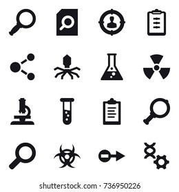 16 vector icon set : magnifier, search document, target audience, clipboard, molecule, virus, flask, nuclear, microscope, vial