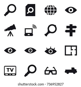 16 vector icon set : magnifier, search document, globe, eye, telescope, notebook wireless, singlepost, plan, tv, pickup