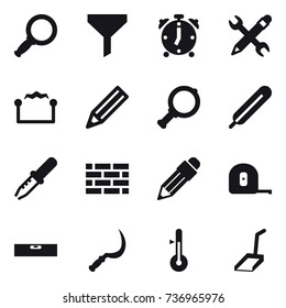 16 vector icon set : magnifier, funnel, alarm clock, pencil wrench, electrostatic, pencil, brick wall, measuring tape, level, sickle, thermometer, scoop