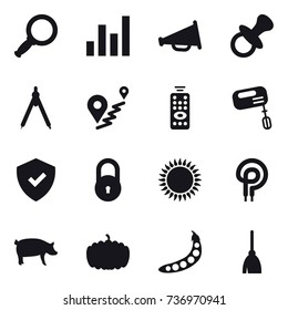 16 vector icon set : magnifier, graph, loudspeaker, nipple, drawing compass, remote control, mixer, pig, pumpkin, peas, broom