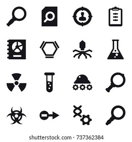 16 vector icon set : magnifier, search document, target audience, clipboard, annual report, hex molecule, virus, flask, nuclear, vial, lunar rover