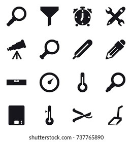 16 vector icon set : magnifier, funnel, alarm clock, pencil wrench, telescope, pencil, level, barometer, thermometer, kitchen scales, pruner, scoop