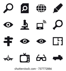 16 vector icon set : magnifier, search document, globe, marker, eye, microscope, notebook wireless, singlepost, plan, tv, pickup