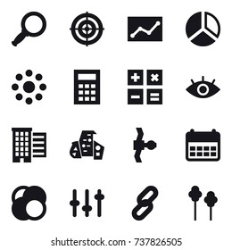 16 vector icon set : magnifier, target, statistic, diagram, round around, calculator, houses, modern architecture, trees