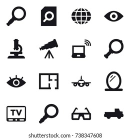 16 vector icon set : magnifier, search document, globe, eye, microscope, telescope, notebook wireless, plan, mirror, tv, pickup