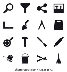 16 vector icon set : magnifier, funnel, share, tools, ruler, construction, drawing compass, cutting board, pan, spatula, rolling pin, wheelbarrow, bucket, pruner, broom