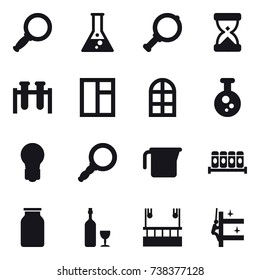 16 vector icon set : magnifier, flask, window, arch window, bulb, measuring cup, wine, skyscapers cleaning, skyscrapers cleaning