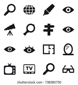 16 vector icon set : magnifier, globe, marker, eye, telescope, singlepost, plan, mirror, tv