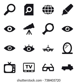 16 vector icon set : magnifier, search document, globe, marker, eye, telescope, mirror, tv, pickup