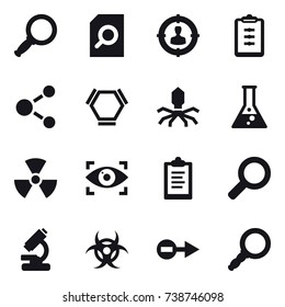 16 vector icon set : magnifier, search document, target audience, clipboard, molecule, hex molecule, virus, flask, nuclear, eye identity