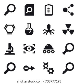 16 vector icon set : magnifier, search document, clipboard, molecule, hex molecule, round flask, virus, nuclear, microscope, eye identity, lunar rover