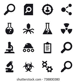 16 vector icon set : magnifier, search document, target audience, molecule, round flask, virus, flask, nuclear, microscope, lunar rover, clipboard