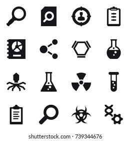 16 vector icon set : magnifier, search document, target audience, clipboard, annual report, molecule, hex molecule, round flask, virus, flask, nuclear, vial