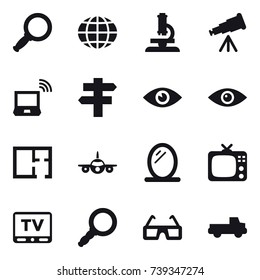 16 vector icon set : magnifier, globe, microscope, telescope, notebook wireless, singlepost, plan, mirror, tv, pickup